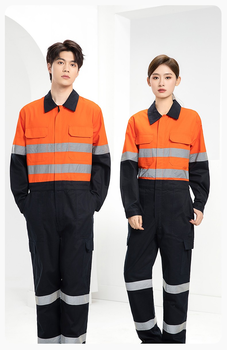 WQ2119LT 純棉春秋連體勞保工作服熒光黃桔煤礦井下印字反光條工地襯衣(圖13)