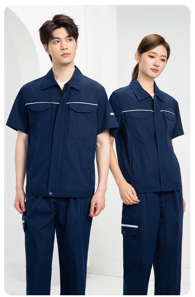 DM242D 夏季短袖工作服薄款反光條純色外套印字工廠廠服汽修工地勞保服(圖14)