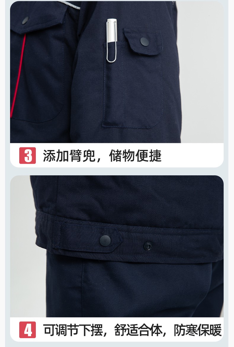 LJ-5802 冬季拼色工作服棉衣男反光條保暖加厚一體式工廠(chǎng)夾克勞保服定制(圖9)