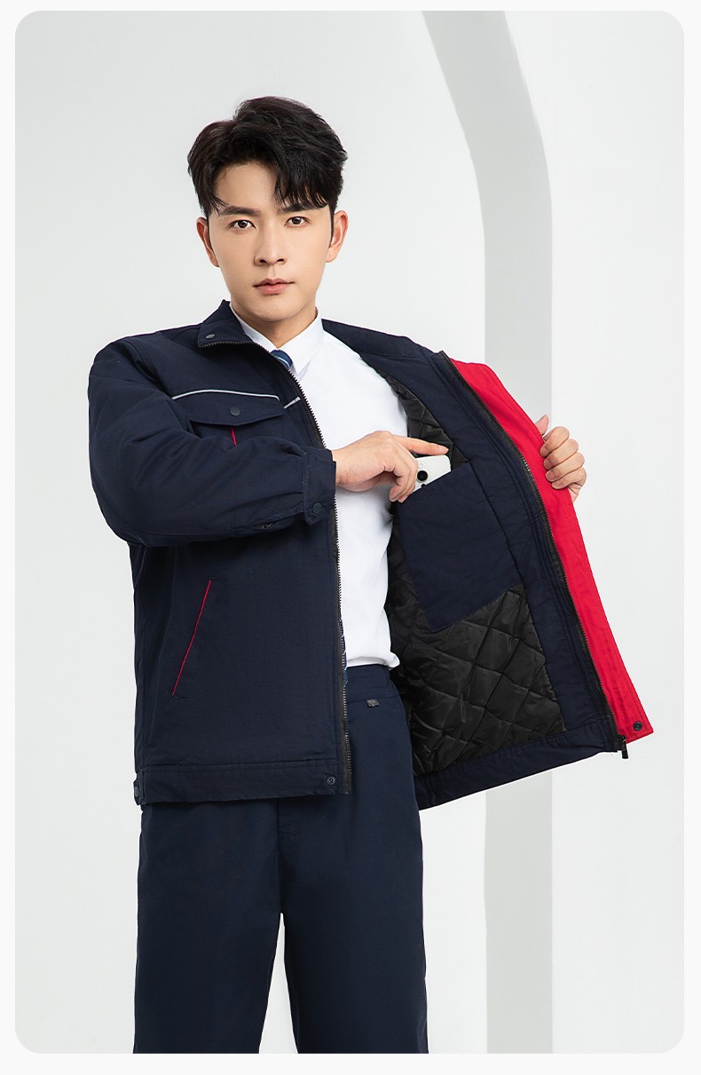 LJ-5802 冬季拼色工作服棉衣男反光條保暖加厚一體式工廠(chǎng)夾克勞保服定制(圖15)