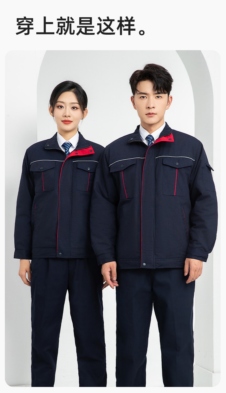 LJ-5802 冬季拼色工作服棉衣男反光條保暖加厚一體式工廠(chǎng)夾克勞保服定制(圖13)