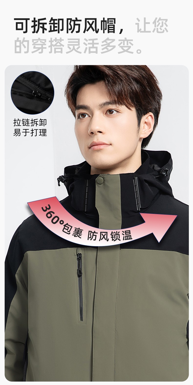 RH-60967 冬季三合一羽絨內(nèi)膽沖鋒衣防風(fēng)防雨保暖鎖溫登山騎行服定制(圖5)