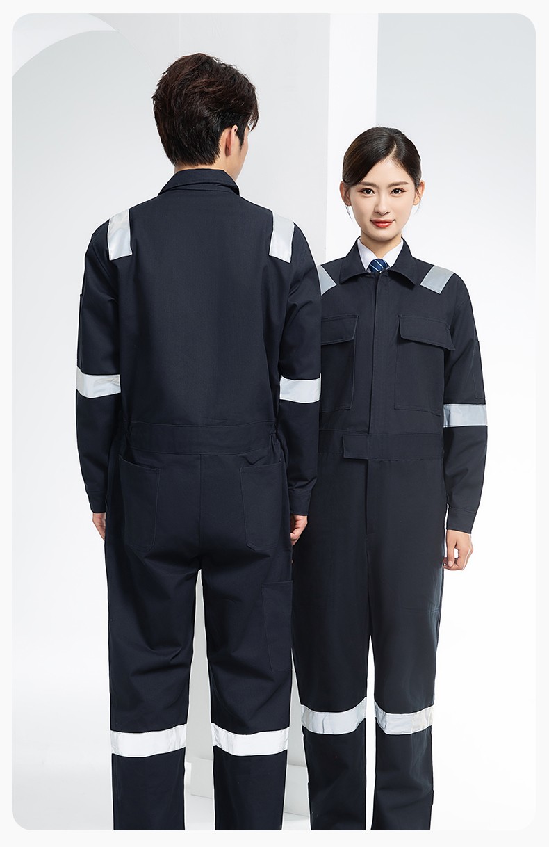 QM8669 純棉連體工作服定制男反光耐磨耐臟機(jī)修電焊工船廠海港定制勞保服(圖22)