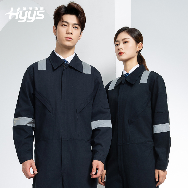 QM217 純棉連體工作服套裝男反光耐磨耐臟機(jī)修電焊工船廠海港定制勞保服