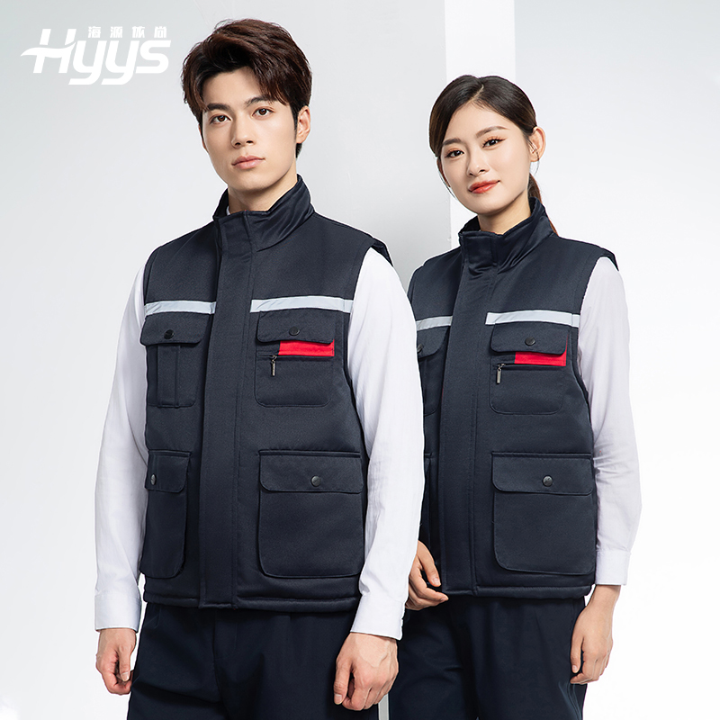 YJ-9901 冬季棉馬甲工裝立領(lǐng)純色反光條工作服多口袋拉鏈船廠加油站定制