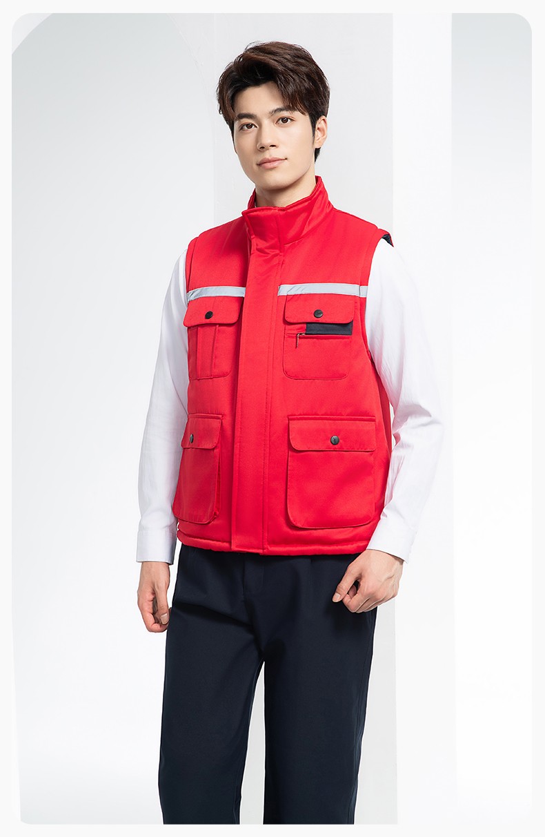 YJ-9901 冬季棉馬甲工裝立領(lǐng)純色反光條工作服多口袋拉鏈船廠加油站定制(圖15)