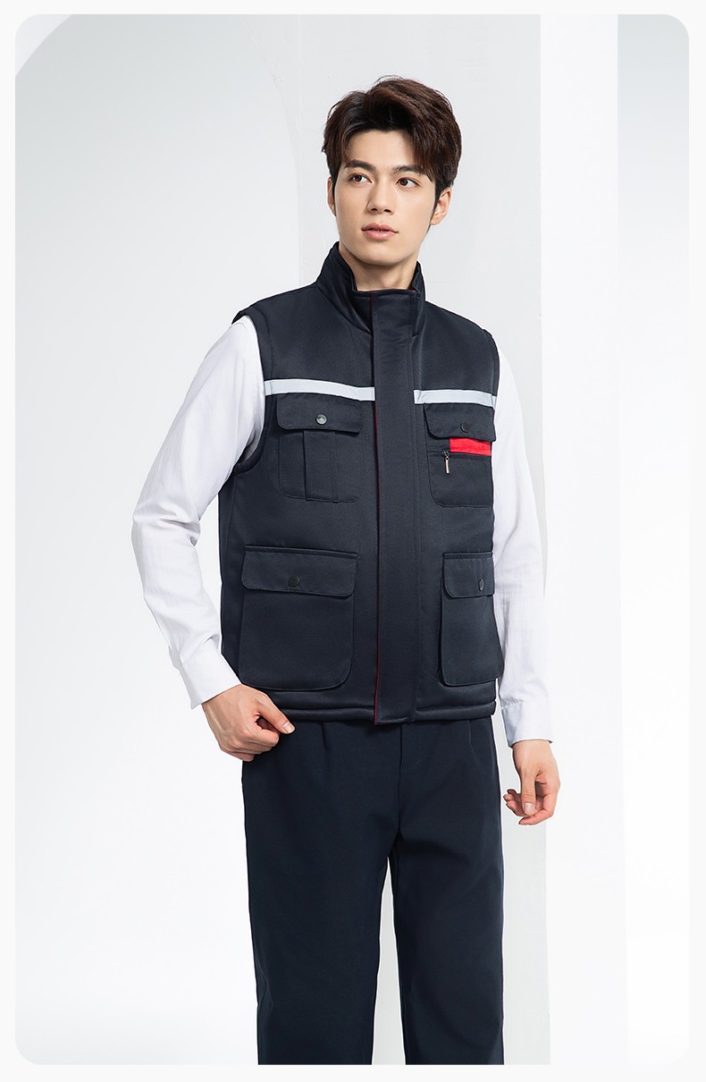 YJ-9901 冬季棉馬甲工裝立領(lǐng)純色反光條工作服多口袋拉鏈船廠加油站定制(圖17)