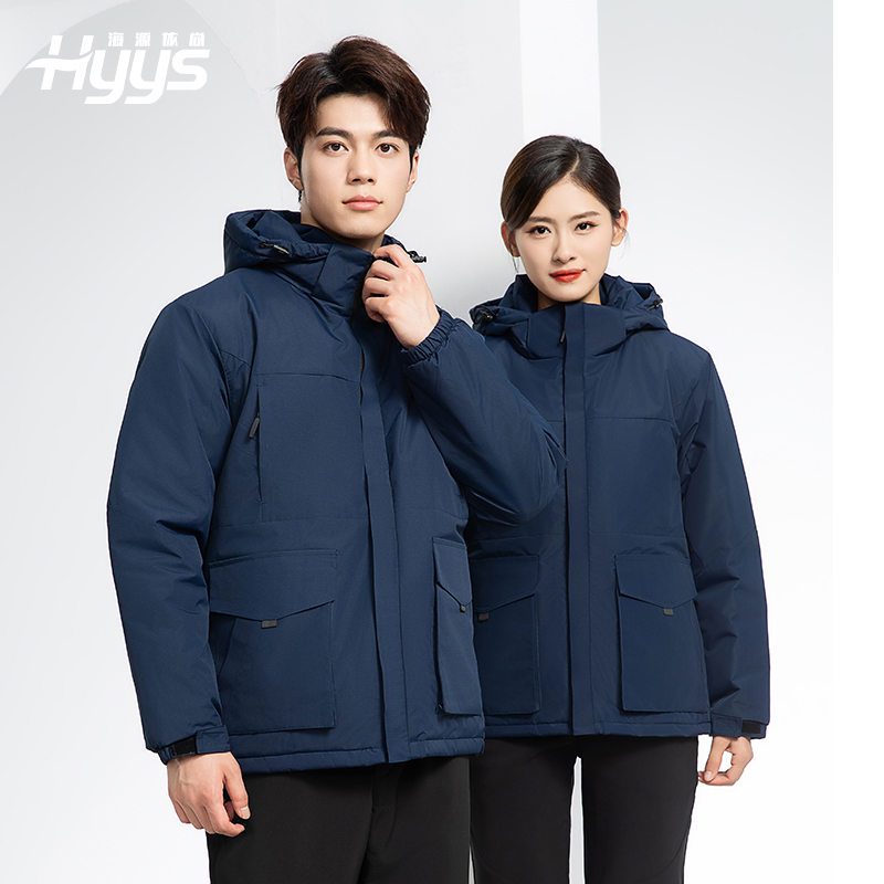YJ-1916 冬季一體式純色沖鋒衣印LOGO男女兜蓋加厚保暖外套企業(yè)團體服外套