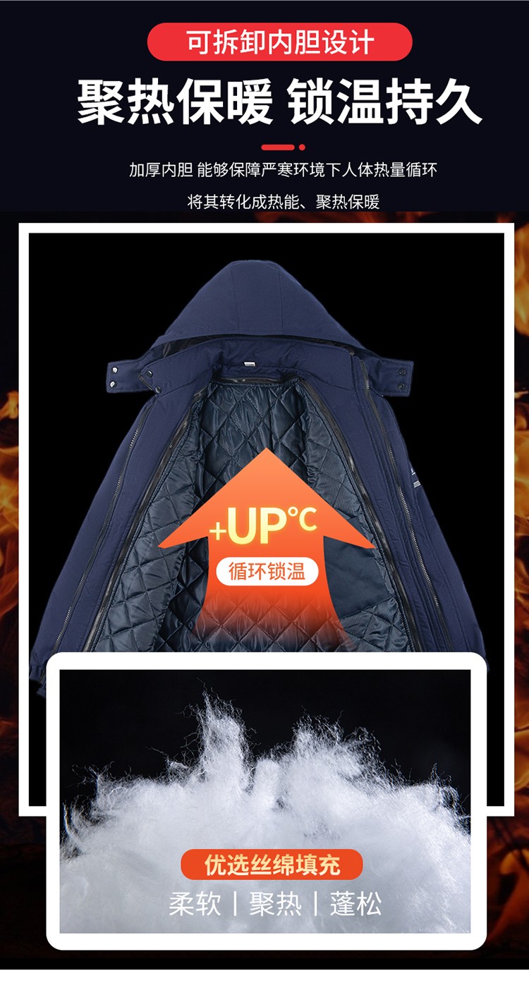 LW-8826Z 冬季工作服定制加厚保暖中長防寒冷庫物業(yè)車間印繡字可拆卸棉服(圖8)