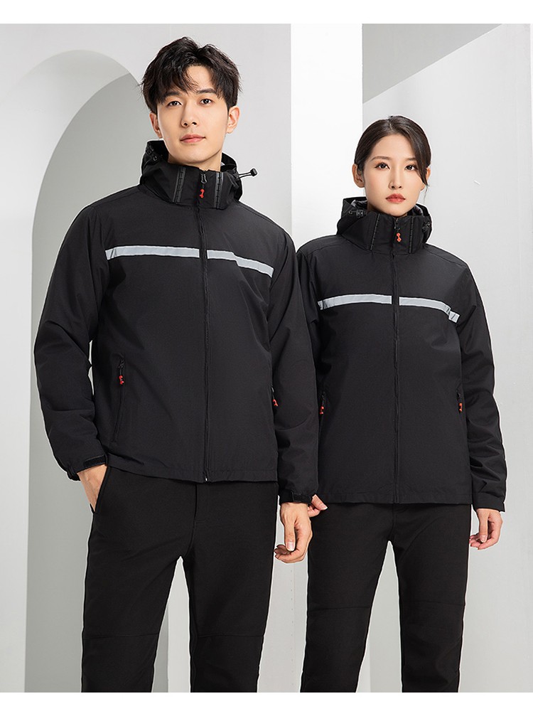 YJ-9805 沖鋒衣定制男女純色可拆卸三合一外套反光條保暖工裝戶(hù)外工作服(圖21)